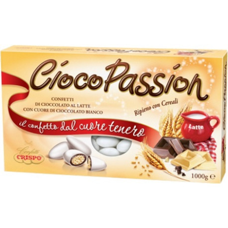 Confetti Ciocopassion ripieno con cereali Crispo: confetti bianchi, in scatola da 1 Kg Confetti Ciocopassion ripieno con cereali Crispo: confetti bianchi, in scatola da 1 Kg
