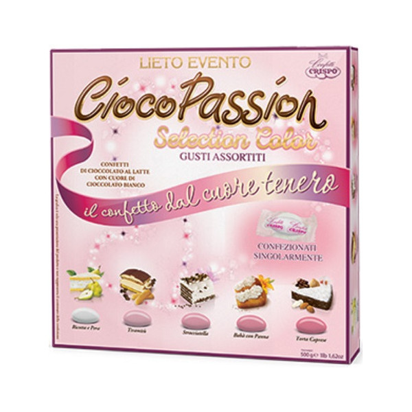 Ciocopassion Lieto Evento Selection Color Rosa Crispo: confetti rosa sfumati incartati in vassoio da 500 g
