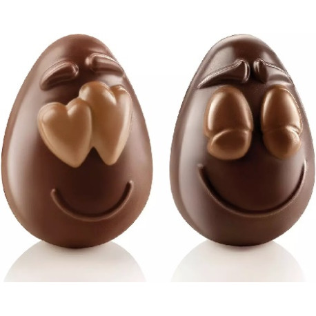 Smiling Eggs Silikomart: kit 2 stampi cioccolato termoformato per uova sorridenti 3D 82x77xh107 mm Smiling Eggs Silikomart: kit 2 stampi cioccolato termoformato per uova sorridenti 3D 82x77xh107 mm