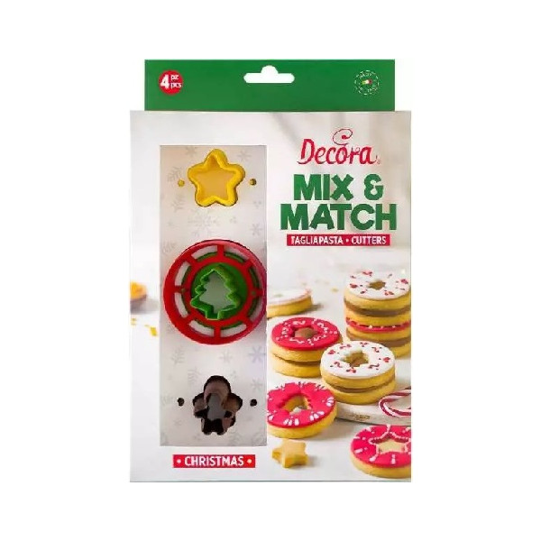 Tagliapasta natale mix and match da Decora: set 4 cutter in plastica abbina ed unisci per biscotti occhi di bue a tema
