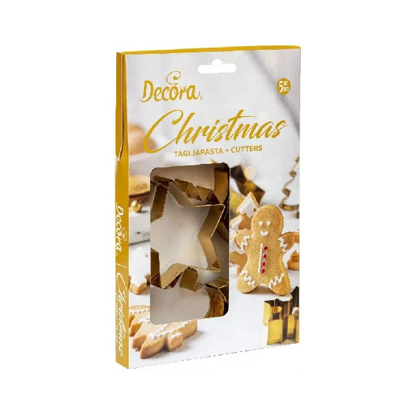 Tagliapasta fantasie del Natale Decora: set 5 cutter in metallo dorato