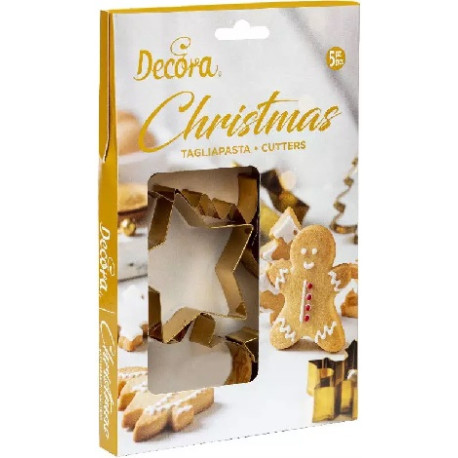 Tagliapasta fantasie del Natale Decora: set 5 cutter in metallo dorato Tagliapasta fantasie del Natale Decora: set 5 cutter in metallo dorato