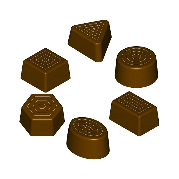 Cioccolatini misti geometrici 10 g: stampo in policarbonato per 18 cioccolatini di 6 forme geometriche assortite