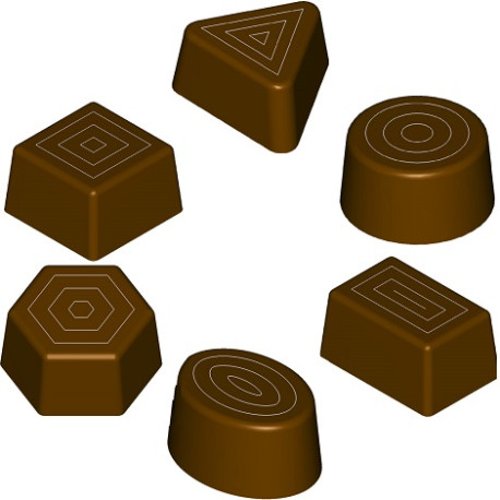 Cioccolatini misti geometrici 10 g: stampo in policarbonato per 18 cioccolatini di 6 forme geometriche assortite Cioccolatini misti geometrici 10 g: stampo in policarbonato per 18 cioccolatini di 6 forme geometriche assortite