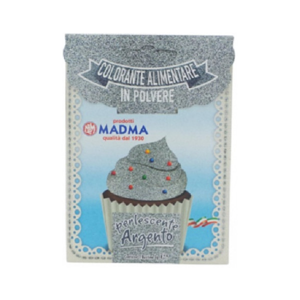 Colorante in polvere sparkle argento puro o perlato scintillante, concentrato, idrosolubile, alimentare in bustina da 3 g