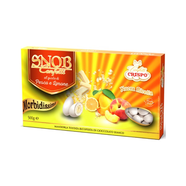 Snob pesca e limone: confetti bianchi Crispo alla mandorla e cioccolato al gusto frutta in confezione da 500 g