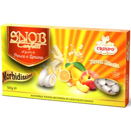 Snob pesca e limone: confetti bianchi Crispo alla mandorla e cioccolato al gusto frutta in confezione da 500 g Snob pesca e limone: confetti bianchi Crispo alla mandorla e cioccolato al gusto frutta in confezione da 500 g