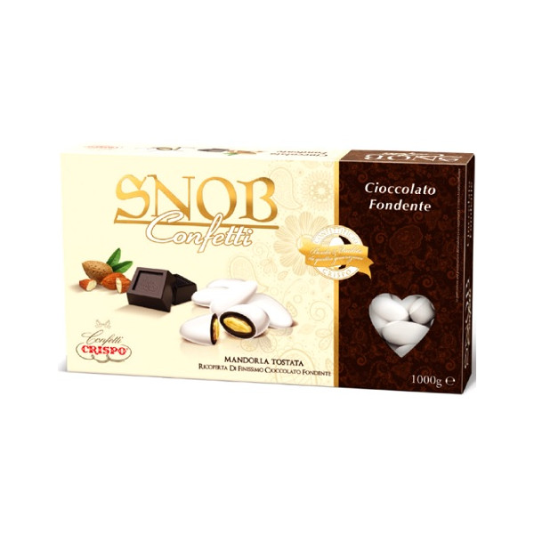 Snob cioccolato fondente Crispo 1 Kg: confetti bianchi con mandorla intera tostata