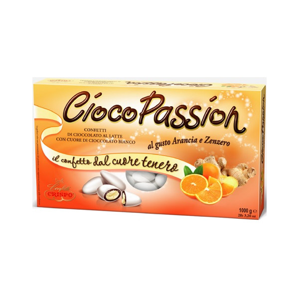 Ciocopassion arancia e zenzero Crispo: 1 Kg di confetti bianchi con doppio cioccolato gusto crema all'arancia