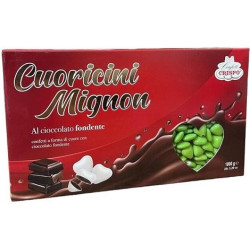 Cuoricini mignon verde Crispo: confetti verdi a forma di piccoli cuori di cioccolato fondente 1Kg