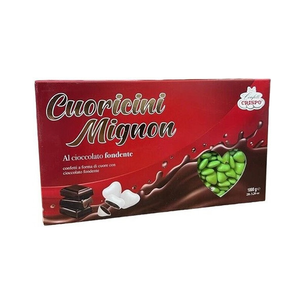 Cuoricini mignon verde Crispo: confetti verdi a forma di piccoli cuori di cioccolato fondente 1Kg