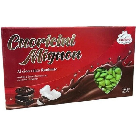 Cuoricini mignon verde Crispo: confetti verdi a forma di piccoli cuori di cioccolato fondente 1Kg