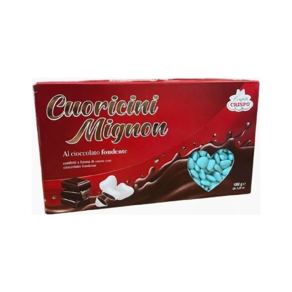 Cuoricini mignon celeste Crispo 1 Kg: confetti celesti a forma piccoli cuori di cioccolato fondente