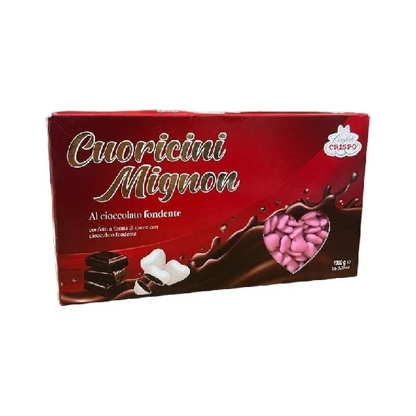 Cuoricini mignon rosa Crispo 1 Kg: confetti rosa a forma di piccoli cuori di cioccolato fondente