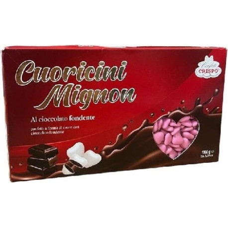 Cuoricini mignon rosa Crispo 1 Kg: confetti rosa a forma di piccoli cuori di cioccolato fondente