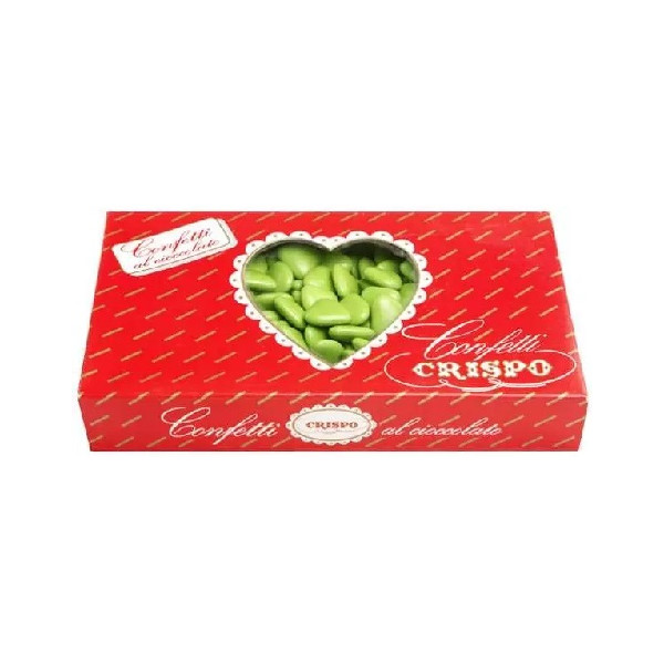 Amorini verde Crispo 1 Kg: confetti verdi a forma di cuori di cioccolato fondente, ideali per confettata