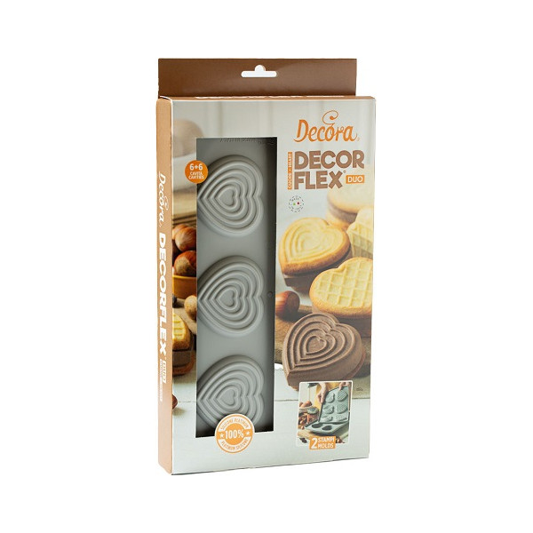Duo Cuore Decora: coppia di stampi silicone con 6 cuori 6,8x6,3xh2,3 cm ideali per biscotto gelato