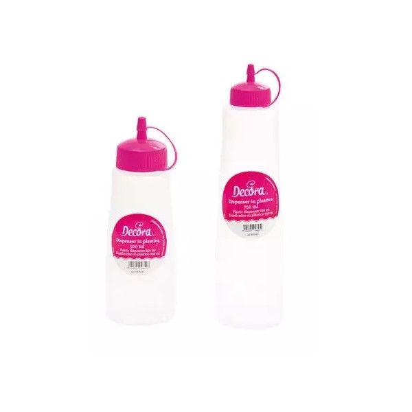 Dispenser con tappo fucsia a beccuccio da 500 o 750 ml in plastica per alimenti di Decora