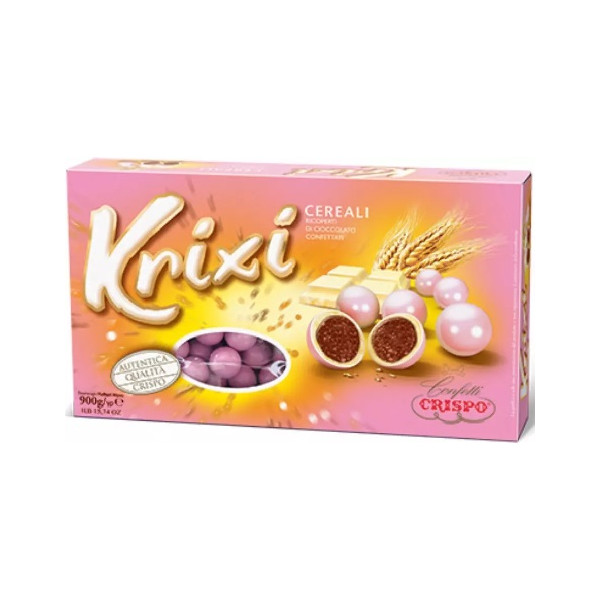 Krixi rosa Crispo 900 g: confetti rosa tondi con croccanti cereali ricoperti di cioccolato bianco