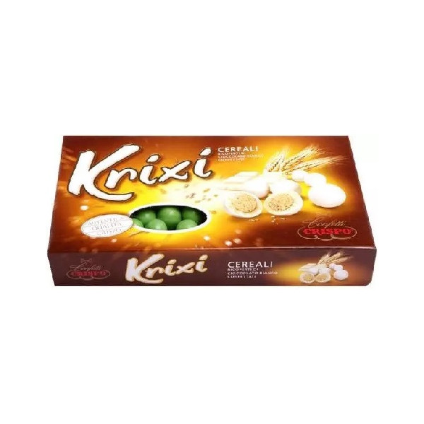 Krixi verdi Crispo 900 g: confetti verdi tondi con croccanti cereali ricoperti di cioccolato bianco
