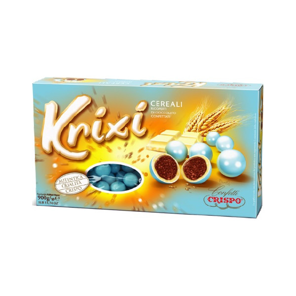 Krixi celeste Crispo: 900 g di confetti celesti tondi con croccanti cereali ricoperti di cioccolato bianco
