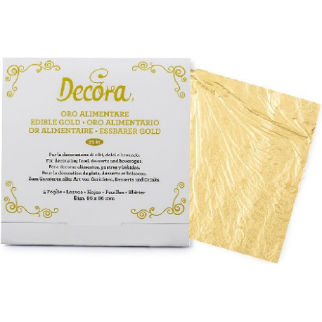 Confezione da 5 dogli di oro alimentare, da 23 carati, di dimensioni da 86 x 86 mm da Decora Confezione da 5 dogli di oro alimentare, da 23 carati, di dimensioni da 86 x 86 mm da Decora