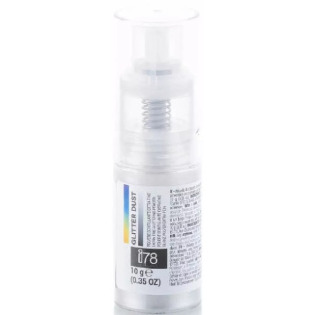 Glitter Dust Silver 10 g, della linea i78 Silikomart: colorante in polvere spray color argento glitterato perlescente