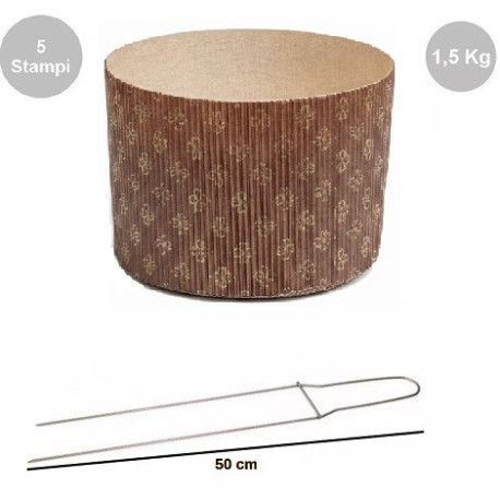 Kit Spillone Acciaio Inox 2 Punte 50 cm Decora + 5 Stampi Panettone Alto Rigido 1,5 Kg