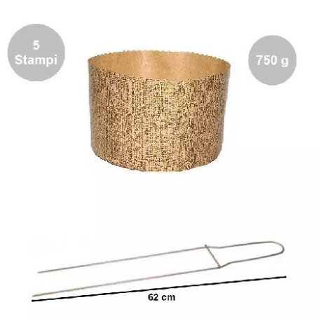 Kit Panettone Alto 750g: 5 Stampi in Carta Professionale + Spillone Raffreddamento DECORA Inox 62 cm
