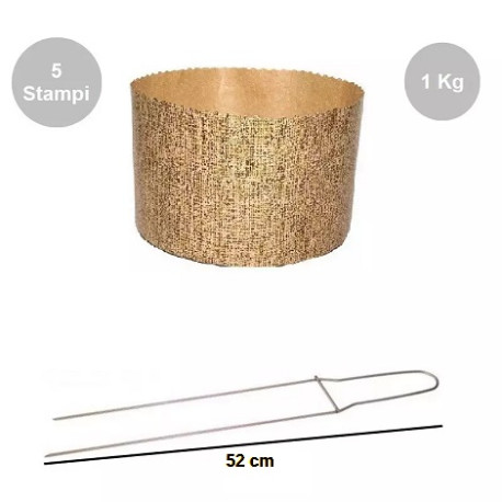 Kit Panettone Alto 1Kg: 5 Stampi in Carta Professionale + Spillone Raffreddamento DECORA Inox 52 cm