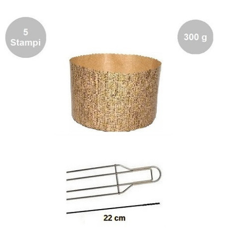 Kit Panettone Alto 300g: 5 Stampi in Carta Professionale + Spillone Raffreddamento DECORA Inox 4 punte 22 cm