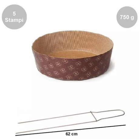 Kit Panettone Basso 750g: 5 Stampi in Carta Professionale + Spillone Raffreddamento DECORA Inox 62 cm