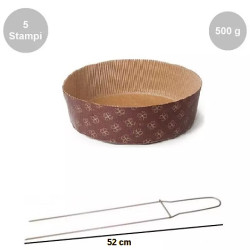 Kit Panettone Basso 500g: 5 Stampi in Carta Professionale + Spillone Raffreddamento DECORA Inox 52 cm