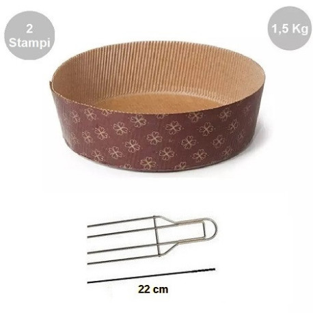 Kit Panettone Basso 1,5Kg: 2 Stampi in Carta Professionale + Spillone Raffreddamento DECORA Inox 4 punte 22 cm