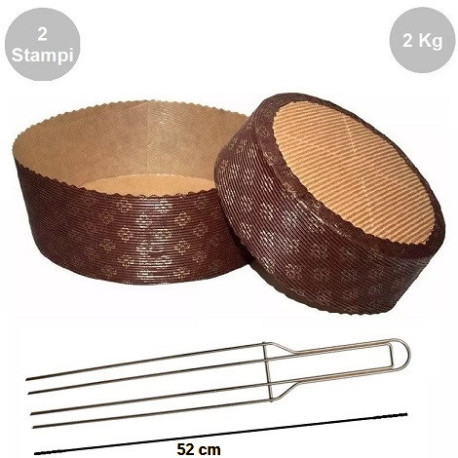 Kit Panettone Basso 2Kg: 2 Stampi in Carta Professionale + Spillone Raffreddamento DECORA Inox 4 punte 52 cm