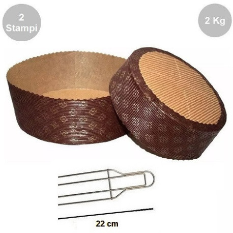 Kit Panettone Basso 2Kg: 2 Stampi in Carta Professionale + Spillone Raffreddamento DECORA Inox 4 punte 22 cm