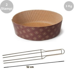 Kit Panettone Basso 3Kg: 2 Stampi in Carta Professionale + Spillone Raffreddamento DECORA Inox 4 punte 52 cm