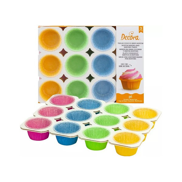 Teglie Cuoci e Servi Muffin Decora (3 pezzi) - Placca in carta Forno per 12 Pirottini Multicolore ø5xh4 cm