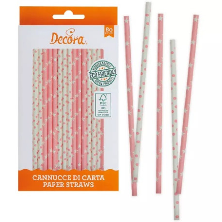 Cannucce Stelle e Pois Rosa Decora – Carta Biodegradabile 21 cm, Confezione 80 pz