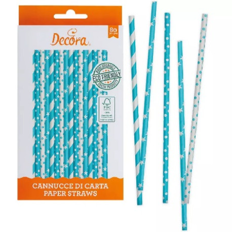 Cannucce Stelle e Pois Celeste Decora – Carta Biodegradabile 21 cm, Confezione 80 pz