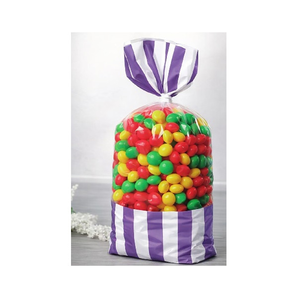 8 Sacchetti Trasparenti con Decoro Lilla – Fondo a Soffietto 8,7×8,2×27,8cm | Per Caramelle, Biscotti e Dolciumi