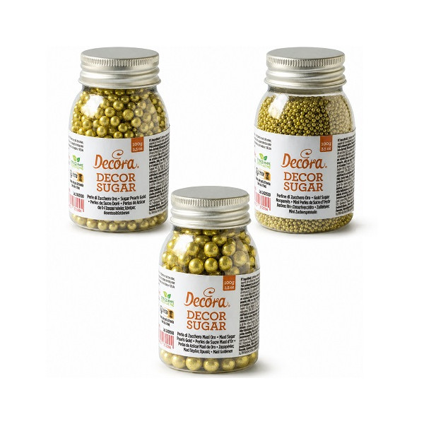 Perle di Zucchero Oro Metallizzato Decora (100g) | Decorazioni Torte | Formati Ø2/5/7mm
