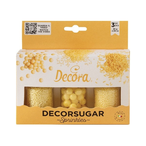 Decora Sprinkles Set Decor Mix Giallo Perlato (85g) | 3 Tipi di Decorazioni: Perle, Perline e Bastoncini