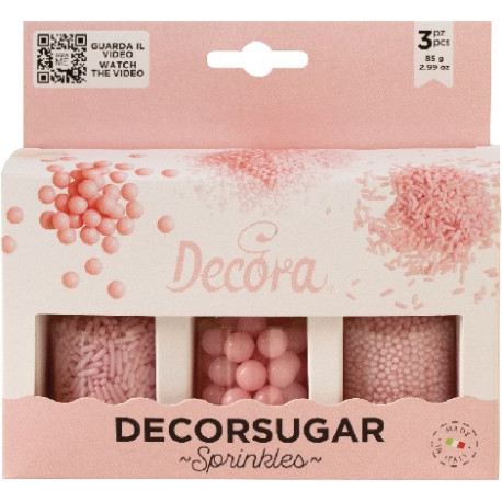 Decora Sprinkles Set Decor Mix Rosa Perlato (85g) | 3 Tipi di Decorazioni: Perle, Perline e Bastoncini