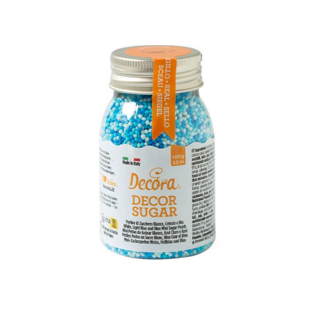 Perline di Zucchero Mix Bianco, Celeste e Blu 1,5mm Decora (100g) – Decorazioni per Battesimo, Nascita e Torte