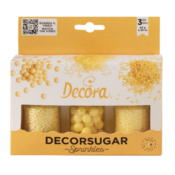 Decora Sprinkles Set Decor Mix Giallo Perlato (85g) | 3 Tipi di Decorazioni: Perle, Perline e Bastoncini