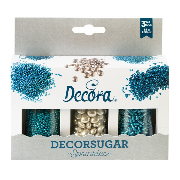 Decora Sprinkles Set Decor Mix Argento e Azzurro (85 g) | 3 Tipi di Decorazioni: Lenti al Cioccolato, Perline e Bastoncini