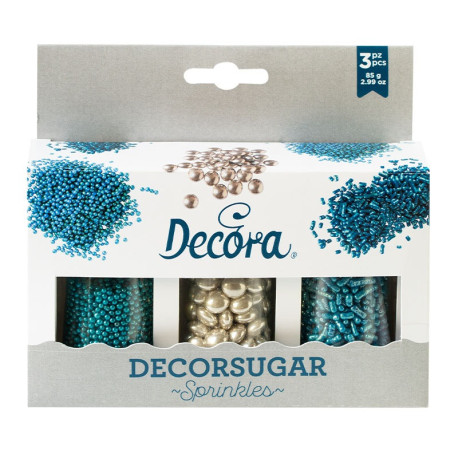 Decora Sprinkles Set Decor Mix Argento e Azzurro (85 g) | 3 Tipi di Decorazioni: Lenti al Cioccolato, Perline e Bastoncini