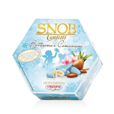 Crispo Snob Lieto Evento Nascita Bambino, astuccio celeste da 500 g di confetti incartati singolarmente