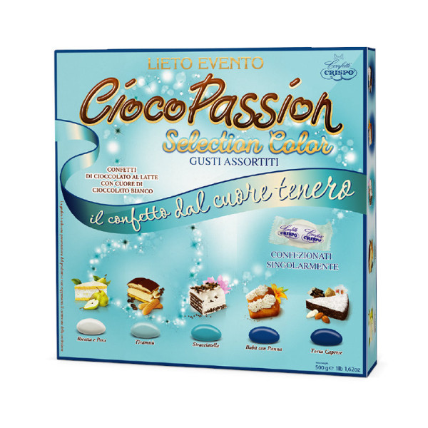 Crispo CiocoPassion Lieto Evento Selection Color celesti sfumati, confetti incartati singolarmente in astuccio da 500 g